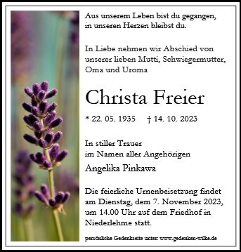 Erinnerungsbild für Frau Christa Freier