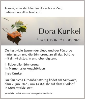 Erinnerungsbild für Frau Dora Kunkel