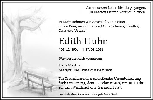Erinnerungsbild für Frau Edith Huhn