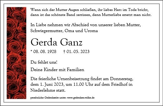 Erinnerungsbild für Gerda Ganz