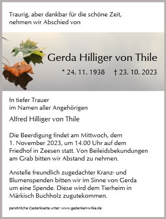 Erinnerungsbild für Frau Gerda Hilliger von Thile
