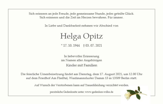 Erinnerungsbild für Frau Helga Opitz